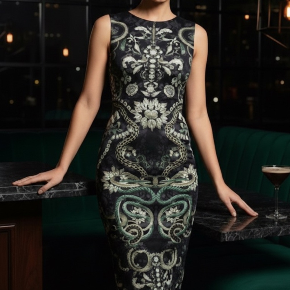 Ted Baker Bellia Jewel Snake Print Bodycon Midi Dress - Emerald Green - Size 00